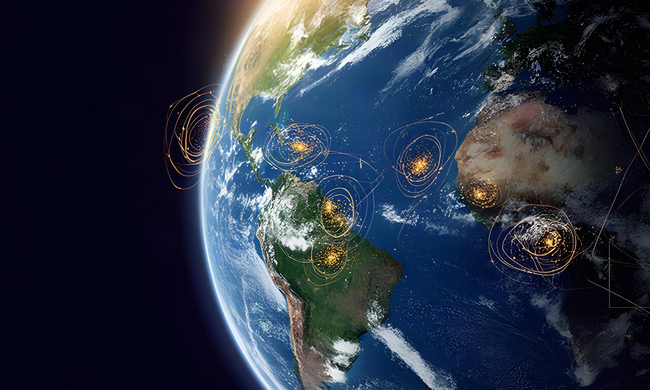 Satellitenaufnahme der Erde mit blauem Meer und markierten Kreuzfahrtregionen