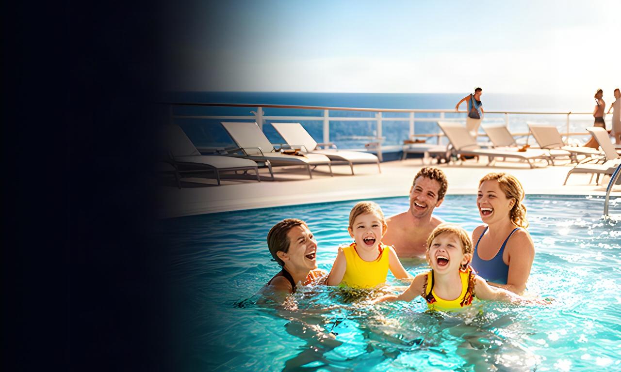 Lachende Familie mit Kindern am Pool eines Kreuzfahrtschiffs bei hellem Sonnenschein