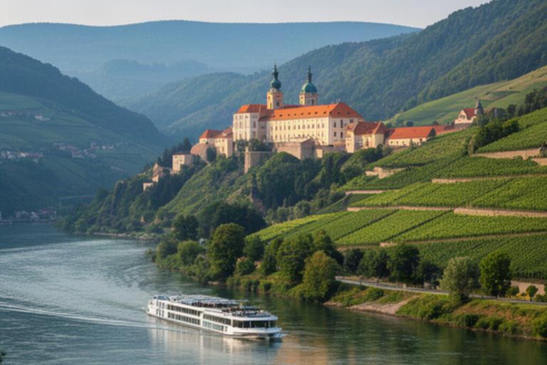 Donauufer in der Wachau mit Stift Melk, Weinbergen und einem vorbeifahrenden Flussschiff