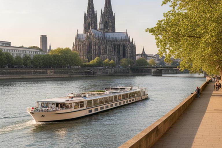 Flusskreuzfahrtschiff auf dem Rhein mit dem Kölner Dom und der Uferpromenade