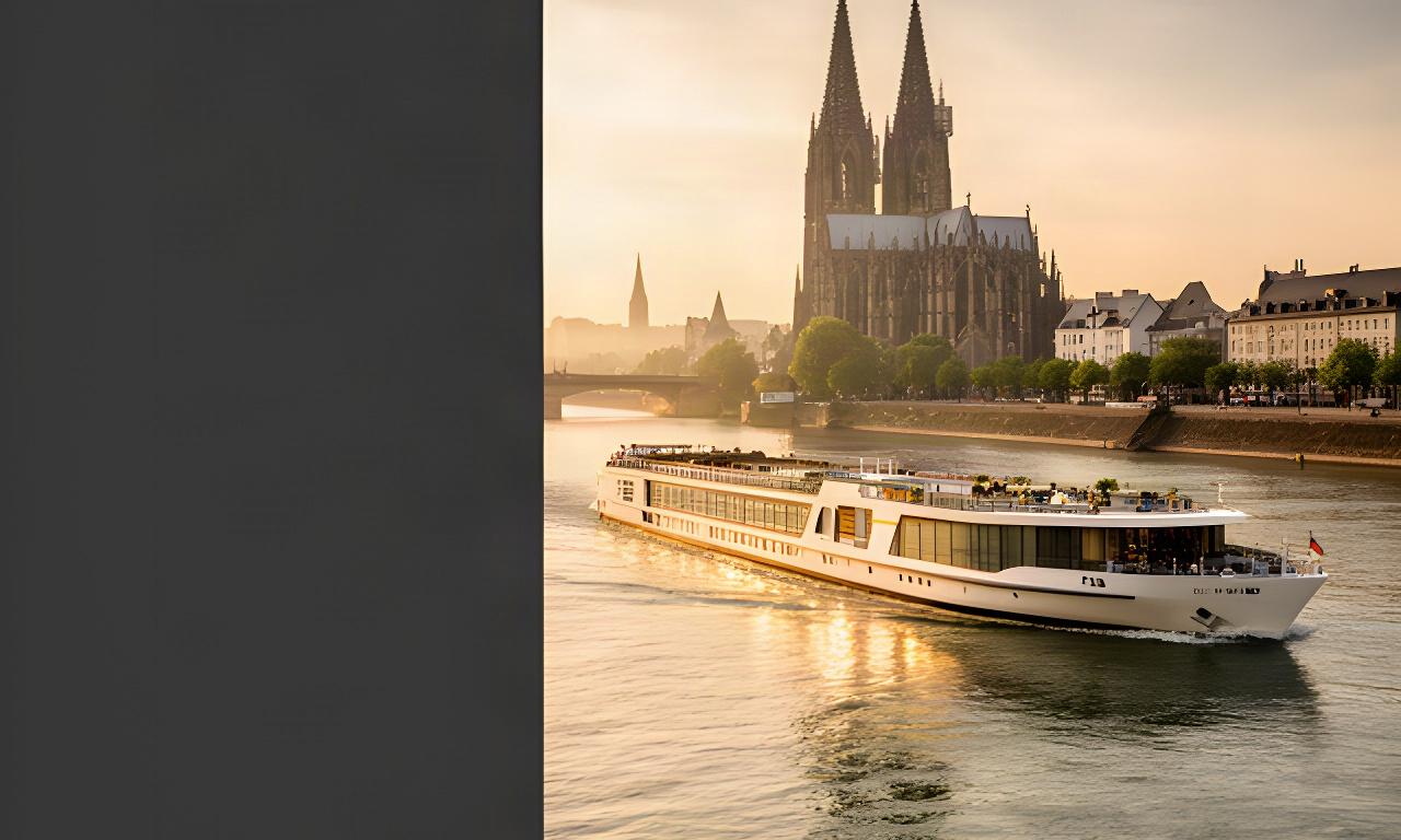 Elegantes Flusskreuzfahrtschiff auf dem Rhein vor dem Kölner Dom im warmen Abendlicht