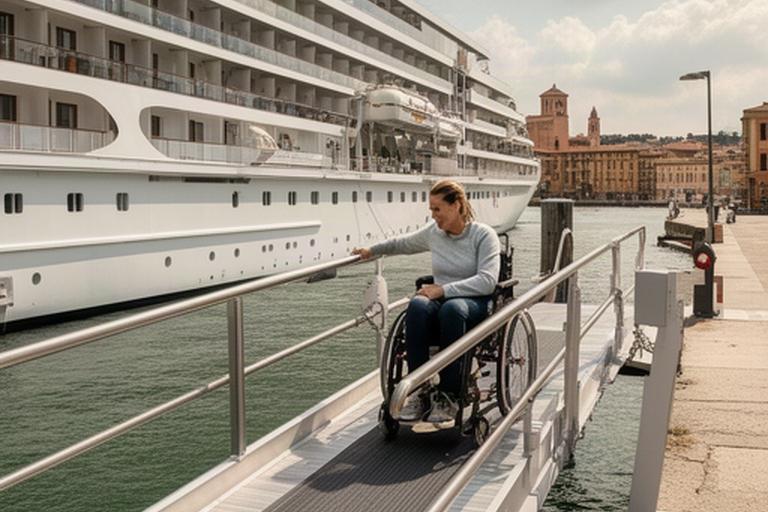 Rollstuhlgerechter Zugang zu einer Flusskreuzfahrt in europäischem Hafen