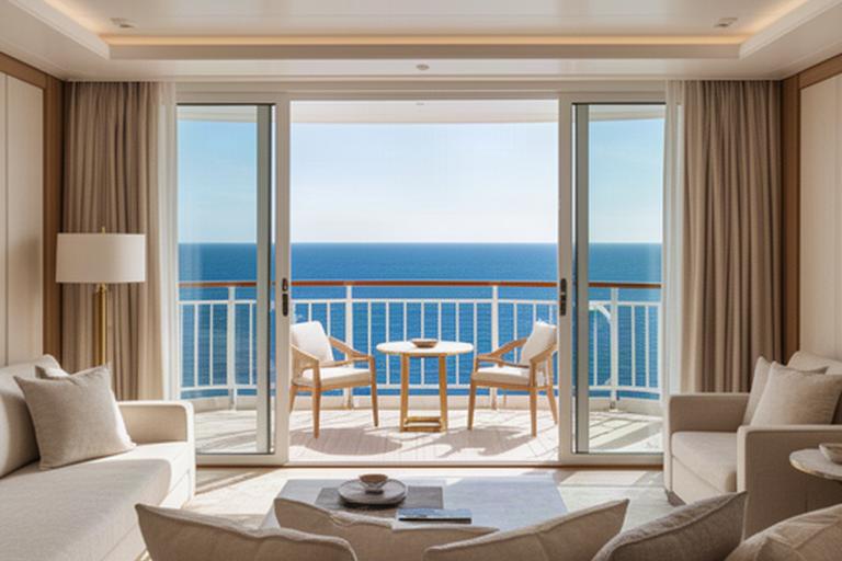 Helle Penthouse-Suite auf einem Kreuzfahrtschiff mit grossem Balkon und Meerblick