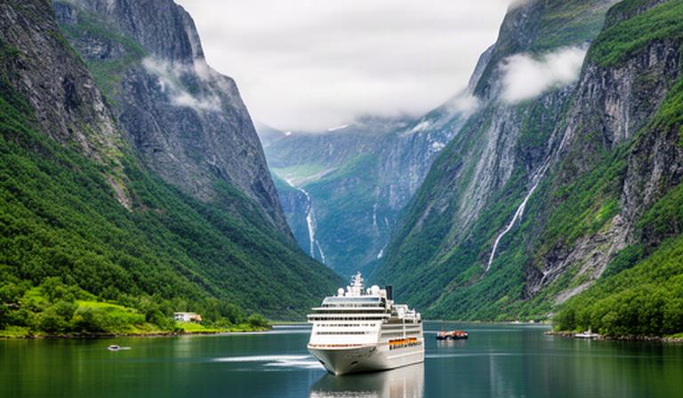Kreuzfahrtschiff auf ruhigem Wasser vor steilen grünen norwegischen Fjorden
