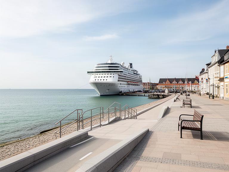 Ruhiger Ostseehafen mit Kreuzfahrtschiff und gut zugänglicher Uferpromenade