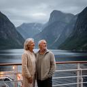 Reifes Paar mit Blick auf einen norwegischen Fjord von einem Kreuzfahrtschiff
