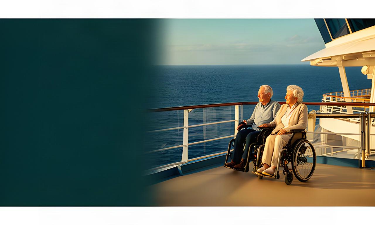 Älteres Paar auf dem Aussichtsdeck eines Kreuzfahrtschiffs, eine Person sitzt im Rollstuhl und blickt auf das Meer